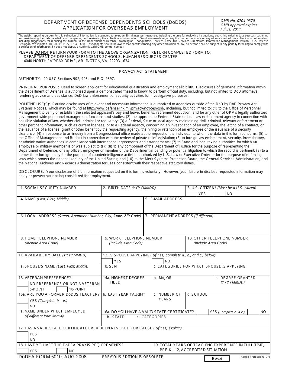DoDEA Form 5010 Application for Overseas Employment, Page 1