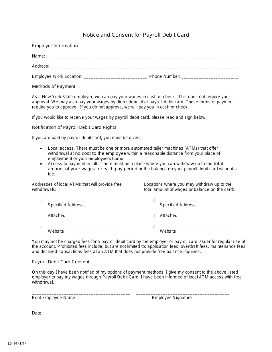 form ls14 download printable pdf or fill online notice and consent for payroll debit card new york templateroller