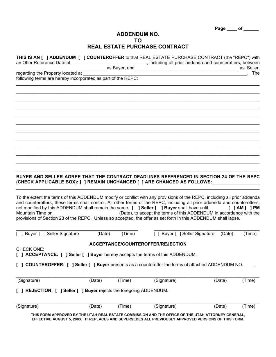 Addendum to Real Estate Purchase Contract - Utah, Page 1