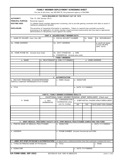 DA Form 5888 Family Member Deployment Screening Sheet