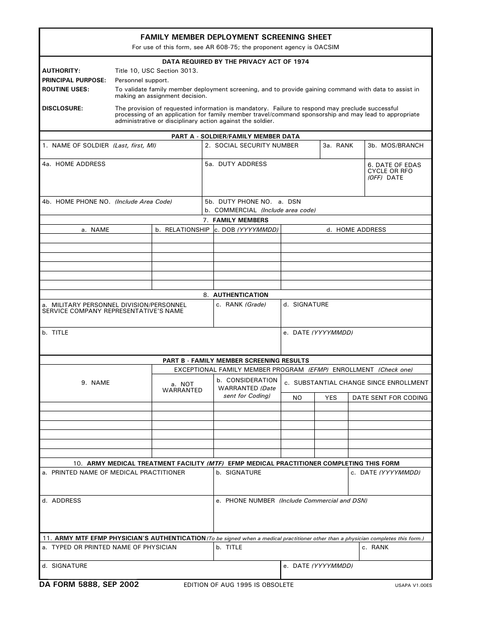 DA Form 5888 Family Member Deployment Screening Sheet, Page 1