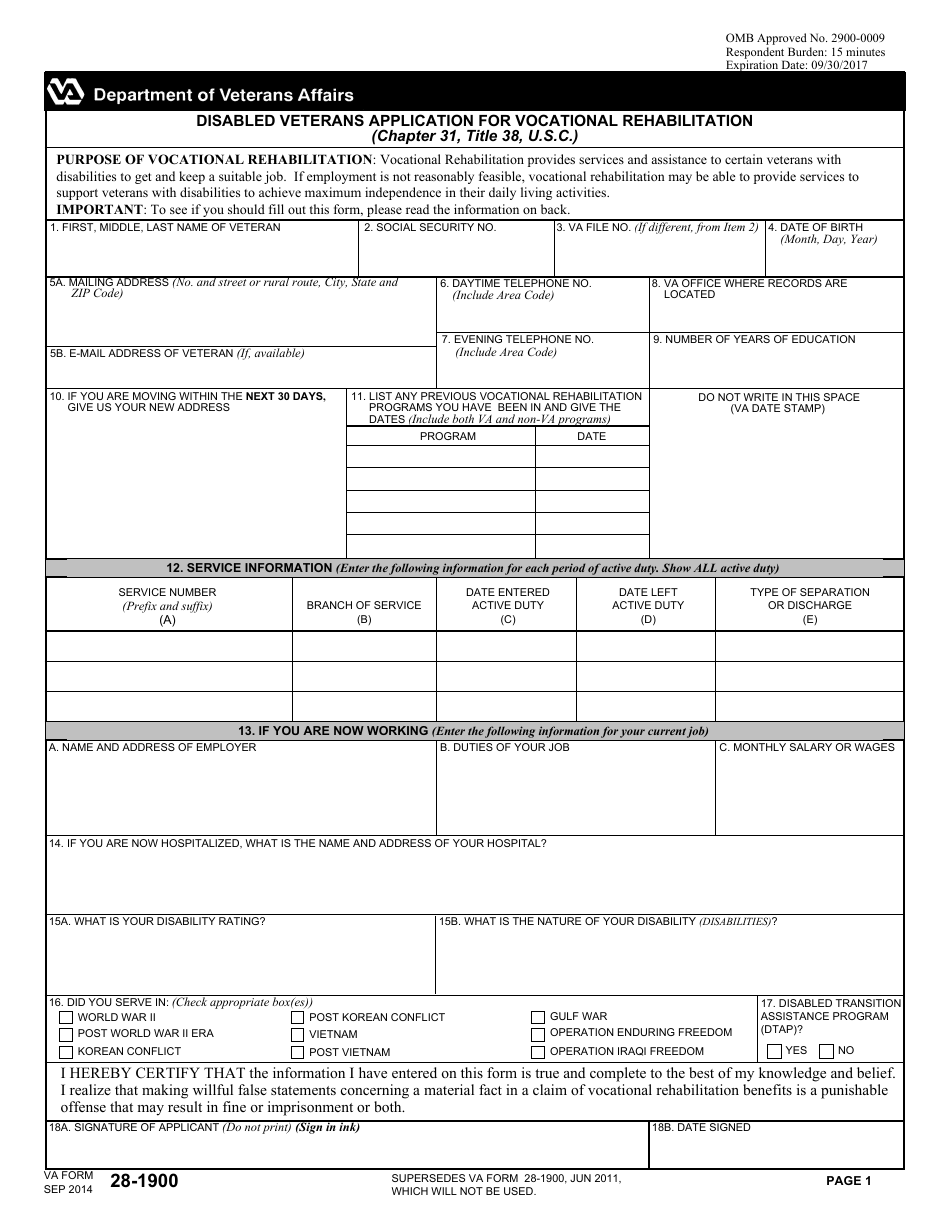 VA Form 28-1900 Disabled Veterans Application for Vocational Rehabilitation, Page 1