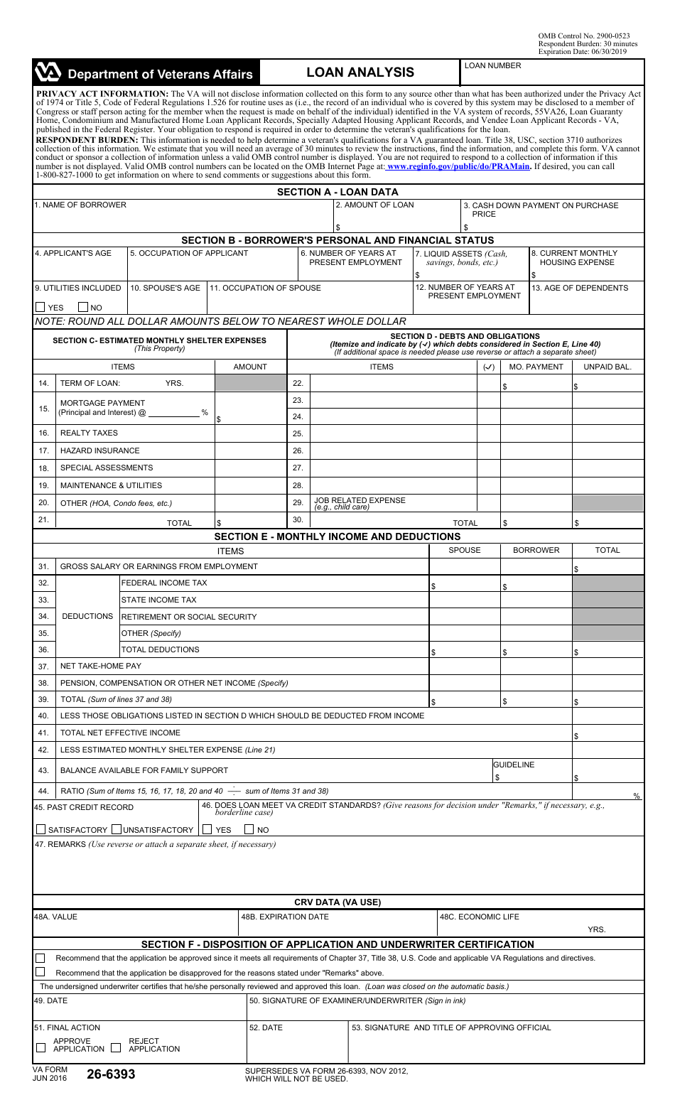 VA Form 26-6393 Loan Analysis, Page 1