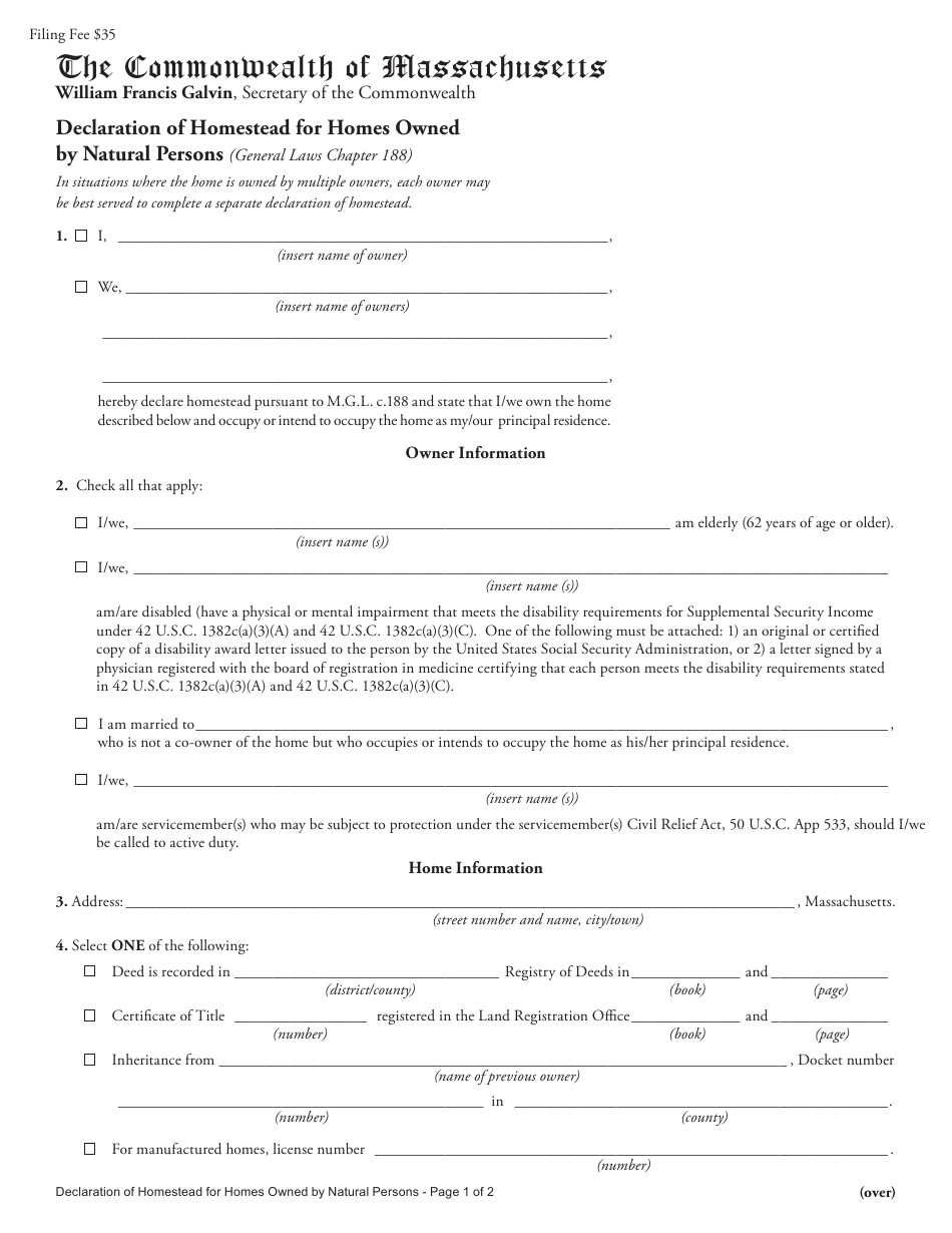 Declaration of Homestead for Homes Owned by Natural Persons - Massachusetts, Page 1