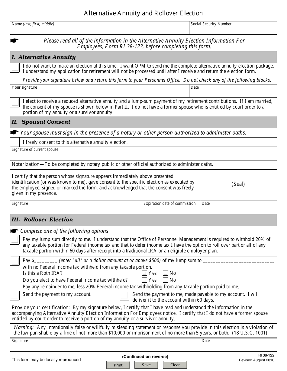 Form RI38-122 Alternative Annuity and Rollover Election, Page 1