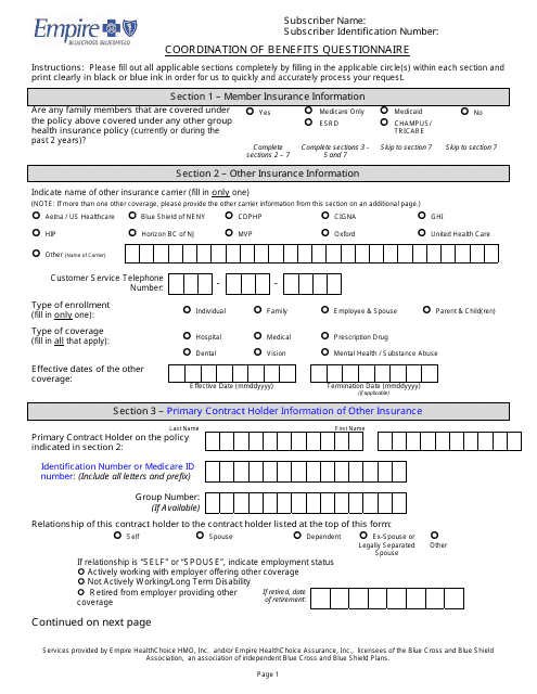Coordination Of Benefits Questionnaire Form Empire Blue Cross Blue 