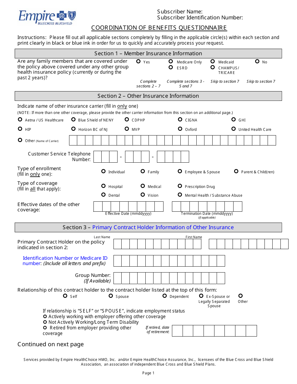 Coordination of Benefits Questionnaire Form - Empire Blue Cross Blue Shield, Page 1