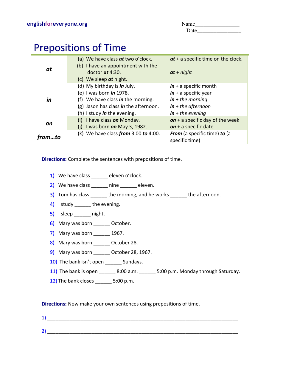 Prepositions of Time Worksheet