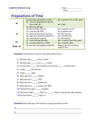 Document preview: Prepositions of Time Worksheet