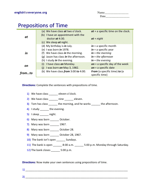 Prepositions of Time Worksheet Download Printable PDF | Templateroller