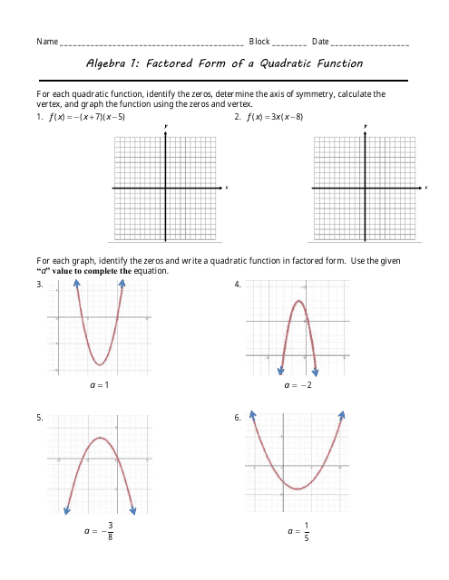 Factored Form of a Quadratic Function Algebra Worksheet Download Pdf