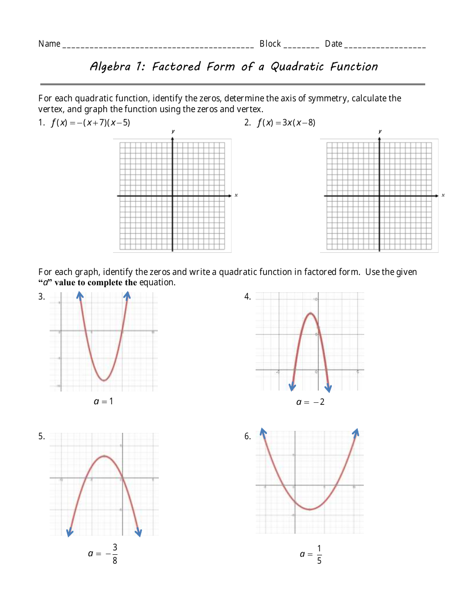 Factored Form of a Quadratic Function Algebra Worksheet Download Inside Quadratic Functions Worksheet With Answers