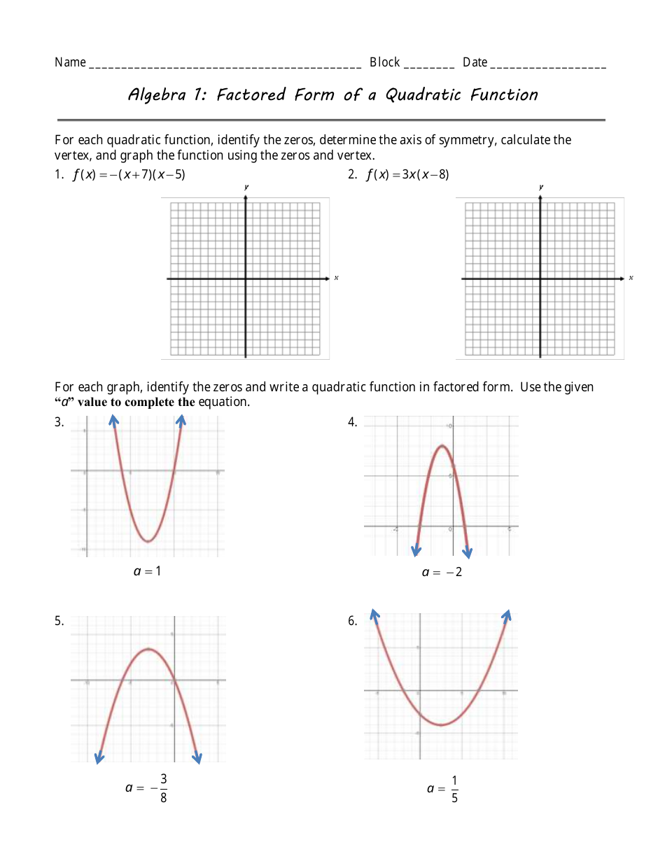 Factored Form of a Quadratic Function Algebra Worksheet, Page 1