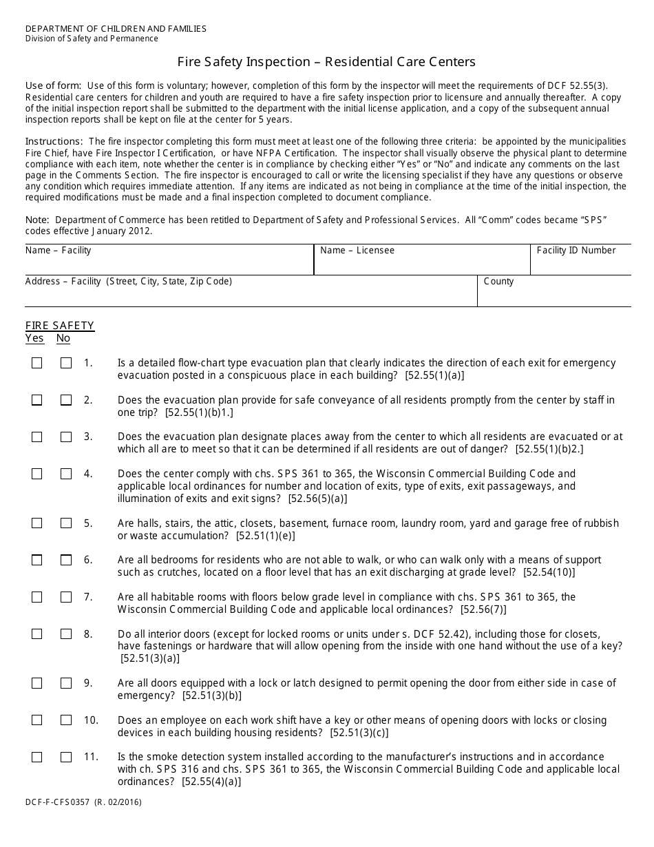 Form DCF-F-CFS0357 Fire Safety Inspection - Residential Care Centers - Wisconsin, Page 1