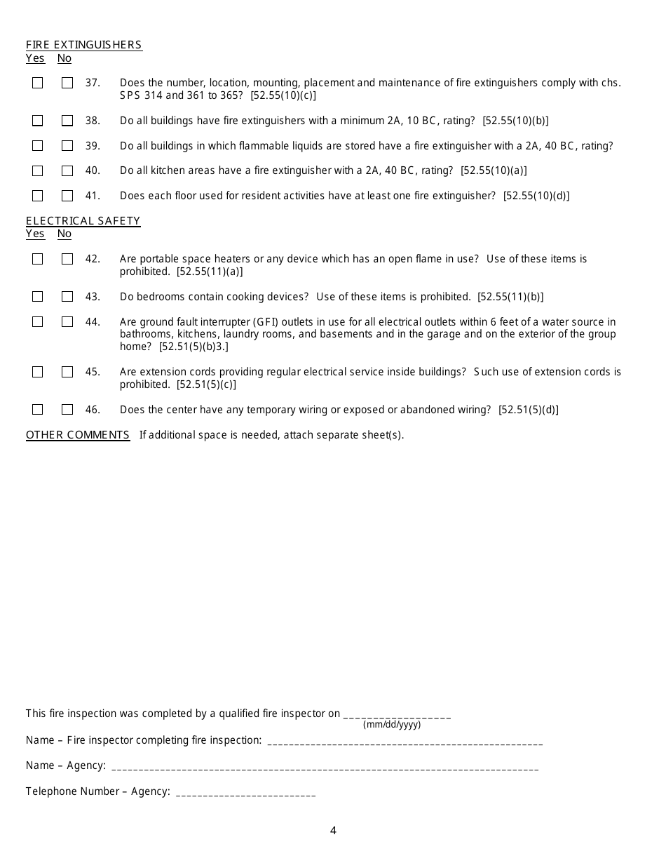 Form DCF-F-CFS0357 Fire Safety Inspection - Residential Care Centers - Wisconsin, Page 4