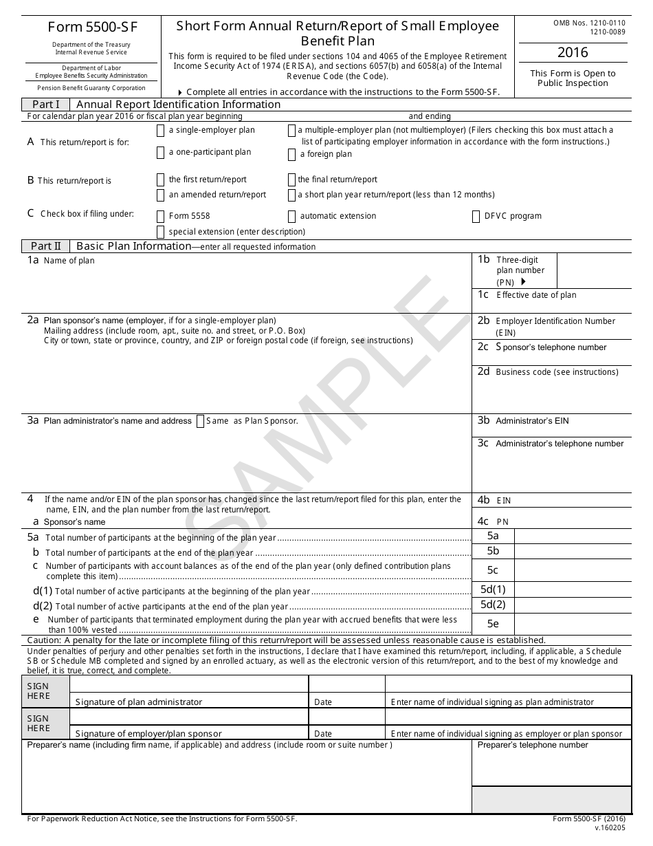 Form 5500-SF Short Form Annual Return / Report of Small Employee Benefit Plan, Page 1