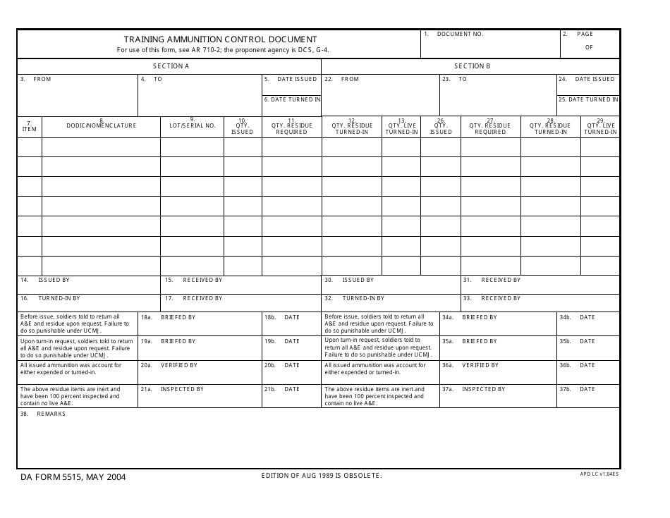 DA Form 5515 Training Ammunition Control Document, Page 1