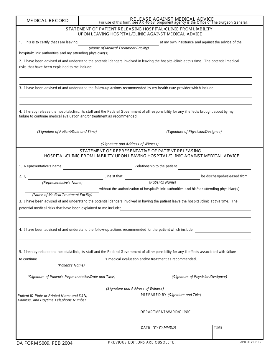 DA Form 5009 - Fill Out, Sign Online and Download Fillable PDF ...