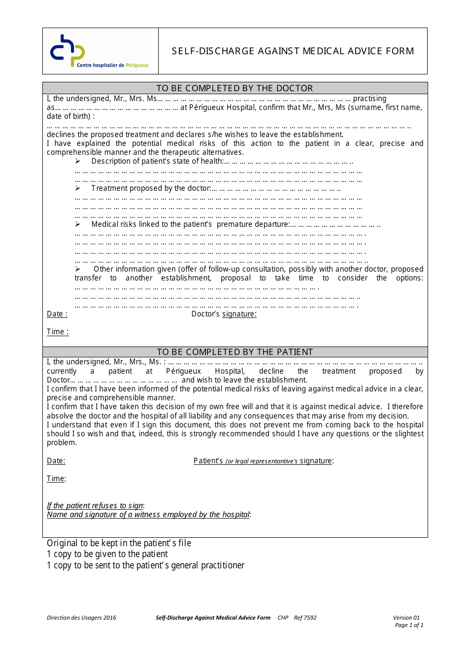 Self-discharge Against Medical Advice Form - Centre Hospitalier Perigueux, Page 1