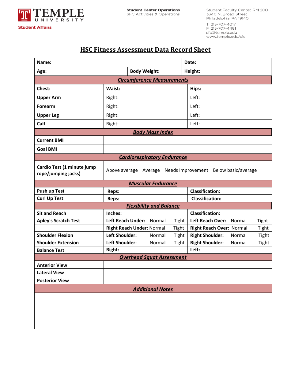 HSC Fitness Assessment Data Record Sheet Template