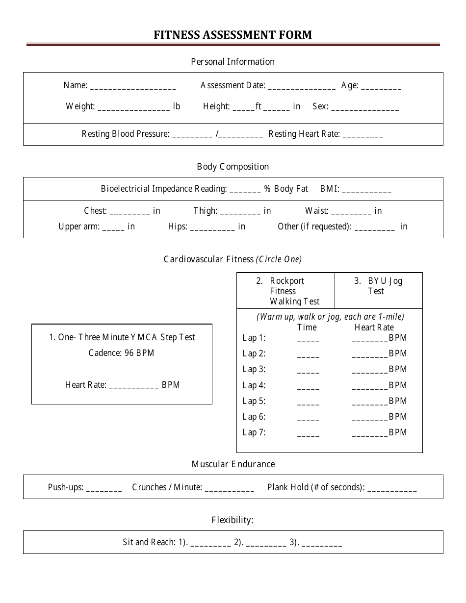 Fitness Assessment Form - Tables, Page 1