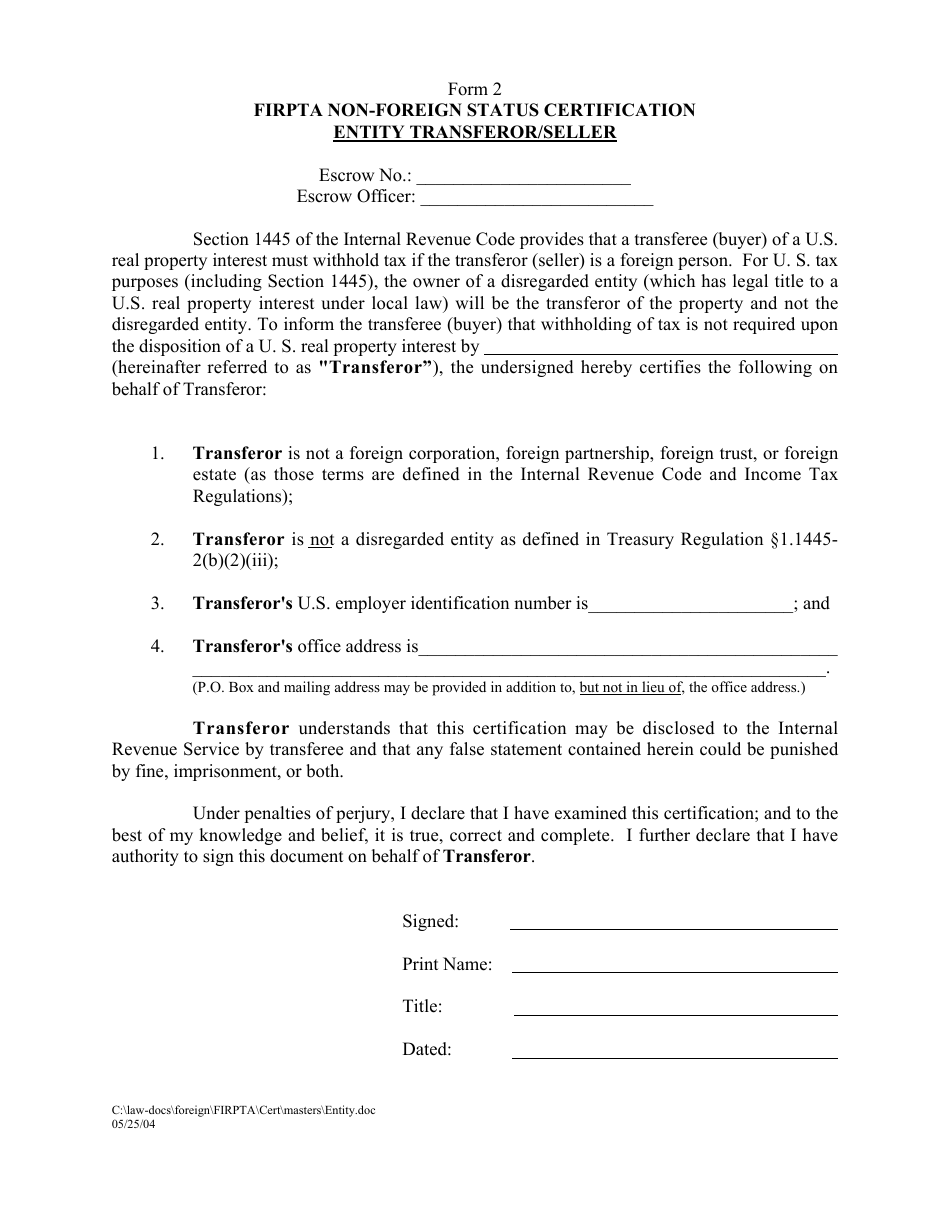 FIRPTA Non-foreign Status Certification - Entity Transferor / Seller, Page 1