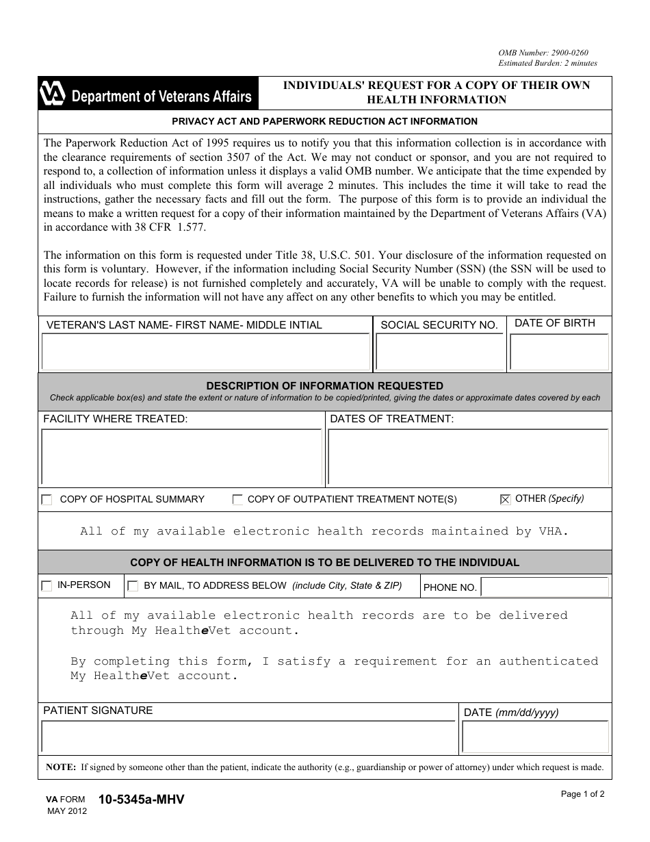 VA Form 10-5345a-mhv Individuals Request for a Copy of Their Own Health Information, Page 1