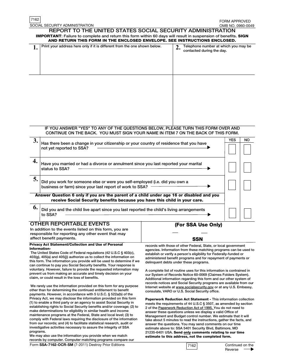 Form SSA-7162-OCR-SM Report to the United States Social Security Administration, Page 1