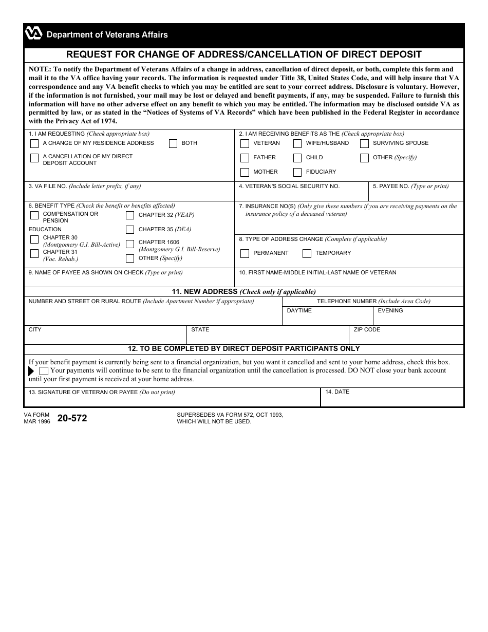 VA Form 20-572 Request for Change of Address / Cancellation of Direct Deposit, Page 1