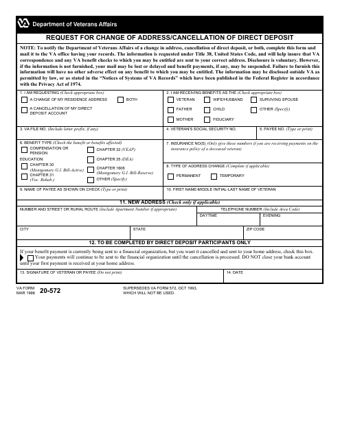 VA Form 20-572 Request for Change of Address/Cancellation of Direct Deposit