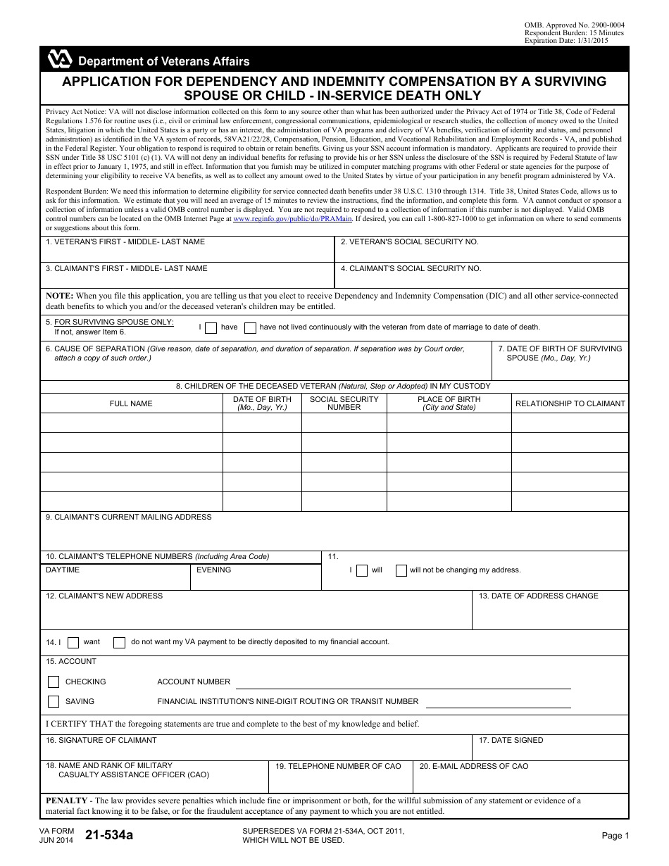VA Form 21-534A Application for Dependency and Indemnity Compensation by a Surviving Spouse or Child - In-Service Death Only, Page 1