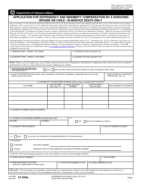 VA Form 21-534A Application for Dependency and Indemnity Compensation by a Surviving Spouse or Child - In-Service Death Only