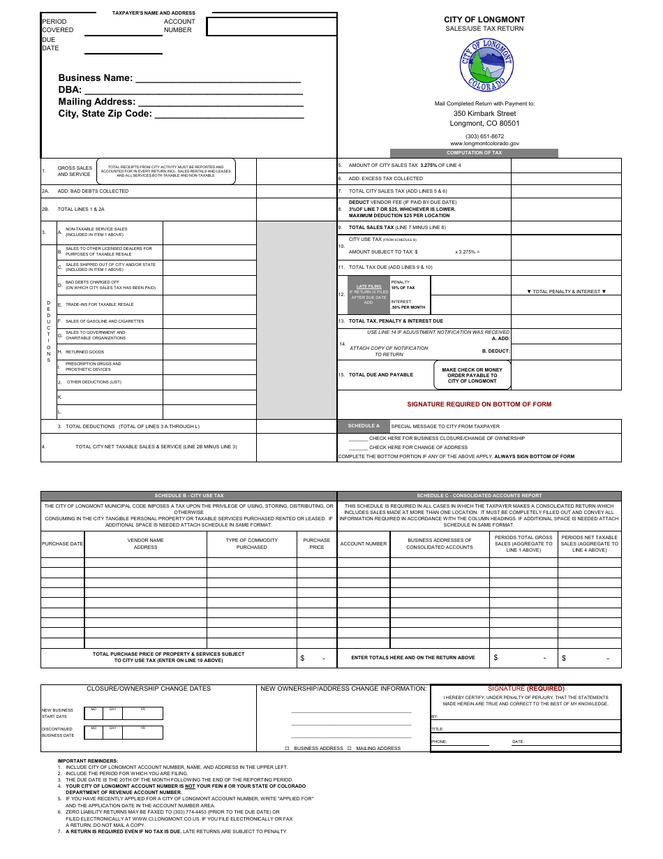 Sales / Use Tax Return Form - City of Longmont, Colorado, Page 1