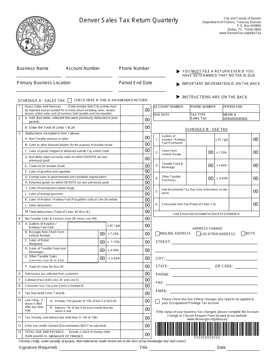 Sales Tax Return Quarterly Form - City and County of Denver, Colorado, Page 1