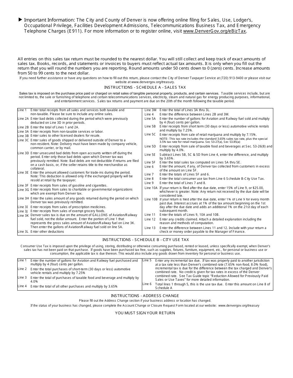 City and County of Denver, Colorado Sales Tax Return Quarterly Form