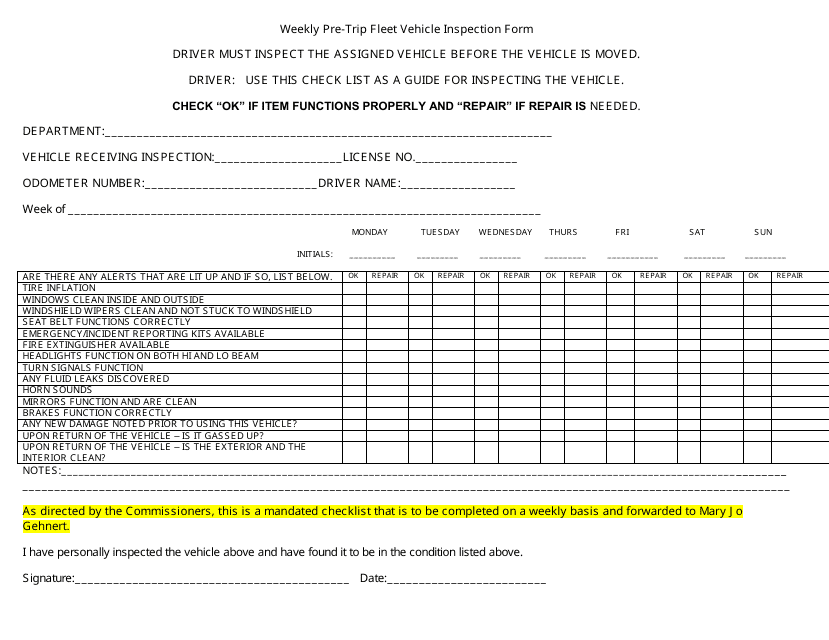 Weekly Pre trip Fleet Vehicle Inspection Form Dawson County Montana Download Printable PDF