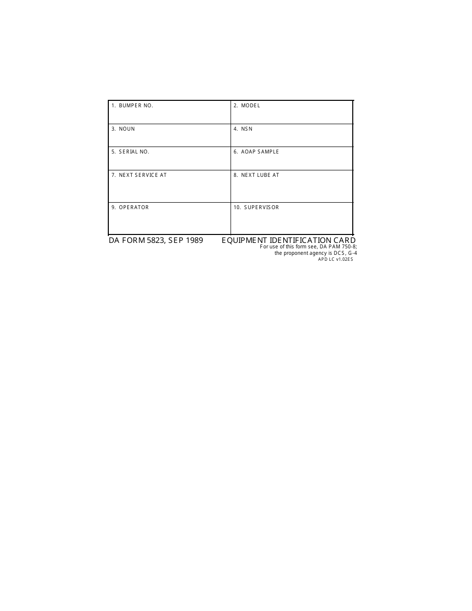 DA Form 5823 Equipment Identification Card, Page 1