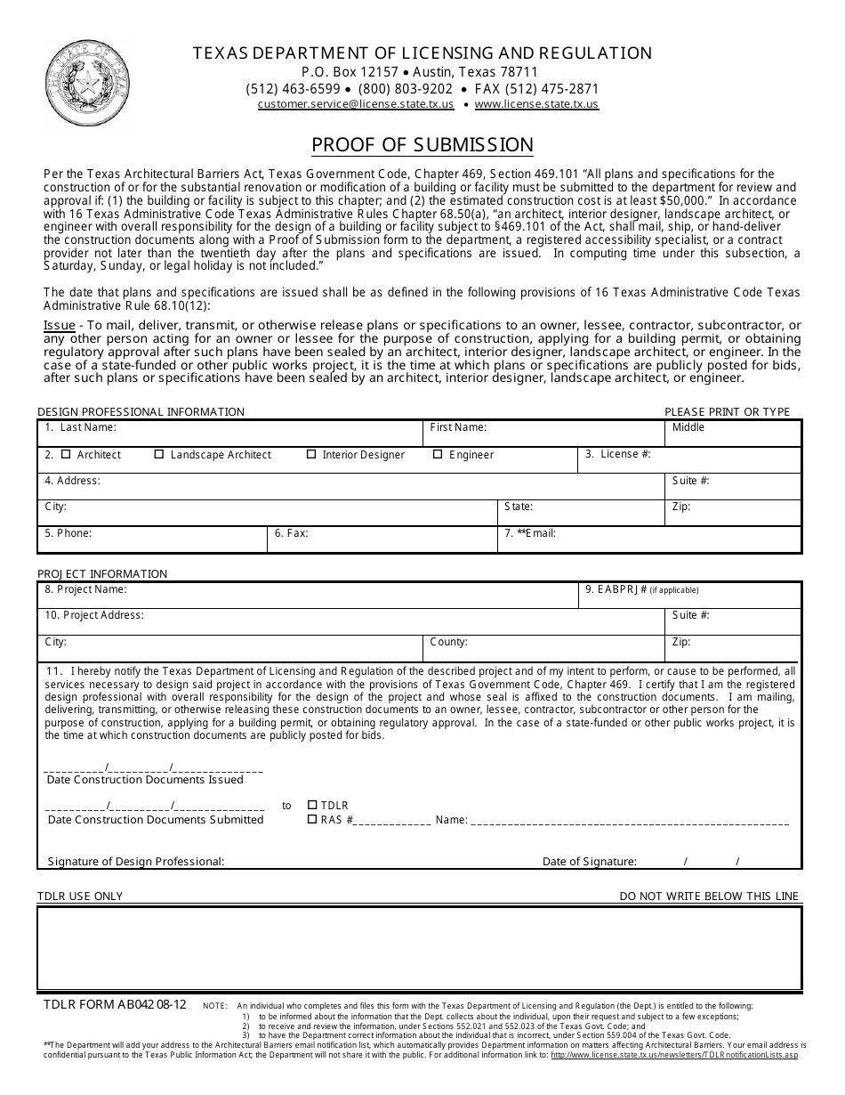 TDLR Form AB042 Proof of Submission - Texas, Page 1