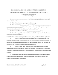 Small Estate Affidavit for Collection of Decedent&#039;s Property, Possessions, &amp; Accounts - Idaho