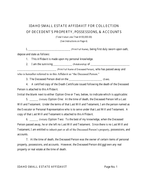 Small Estate Affidavit for Collection of Decedent&#039;s Property, Possessions, &amp; Accounts - Idaho