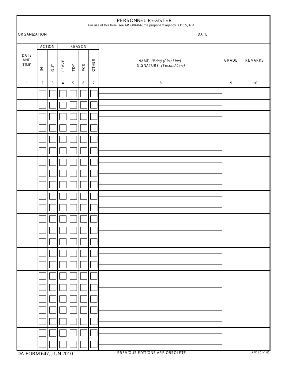 DA Form 647 Personnel Register, Page 1