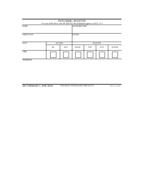 DA Form 647-1  Printable Pdf