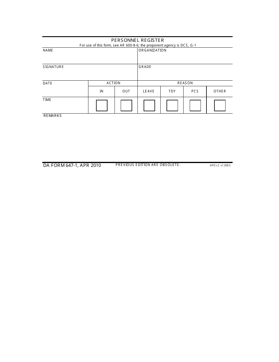 DA Form 647-1 Personnel Register, Page 1