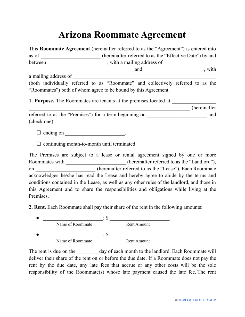 Roommate Agreement Template - Arizona, Page 1