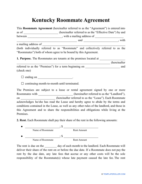 Roommate Agreement Template - Kentucky Download Pdf