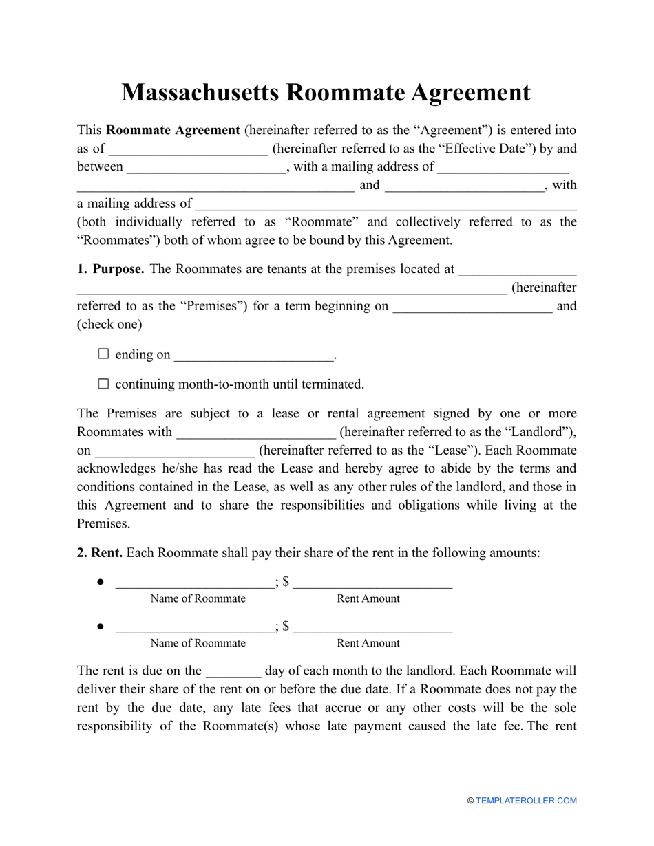 Roommate Agreement Template - Massachusetts, Page 1