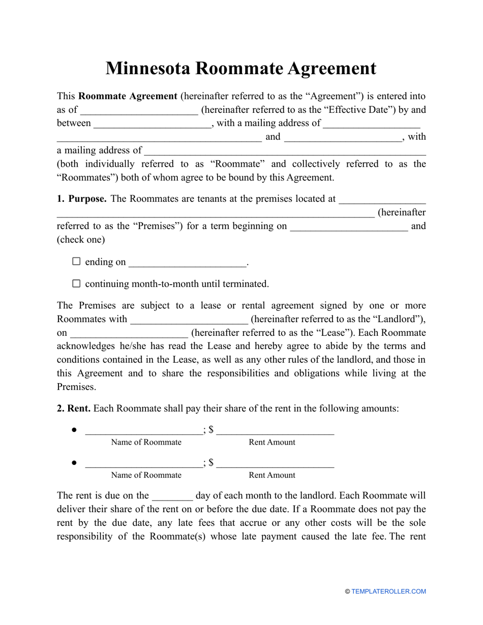 Roommate Agreement Template - Minnesota, Page 1