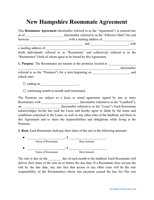 Roommate Agreement Template - New Hampshire