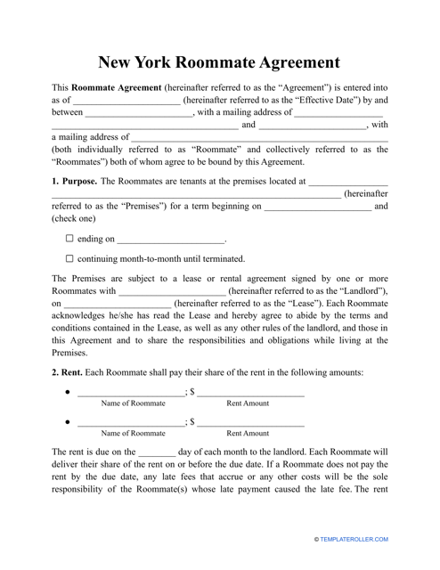 Roommate Agreement Template - New York