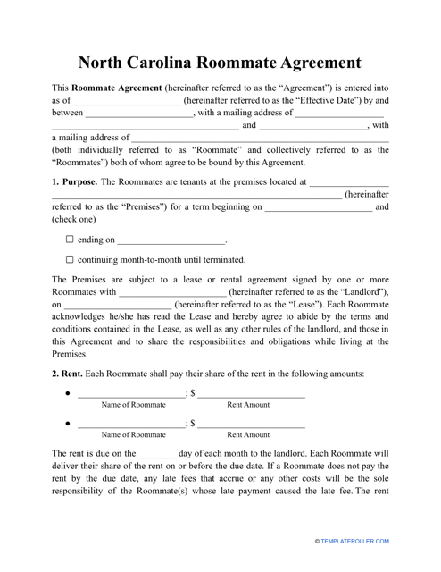 Roommate Agreement Template - North Carolina Download Pdf